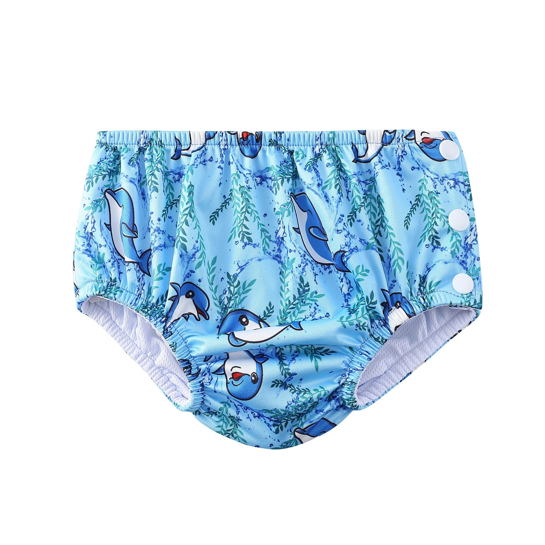 Reusable baby swim diaper in blue dolphin print with side snap buttons for adjustable fit.