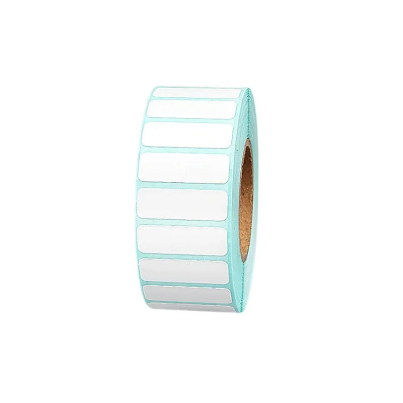 White thermal label roll with rectangular blank stickers, multiple rows