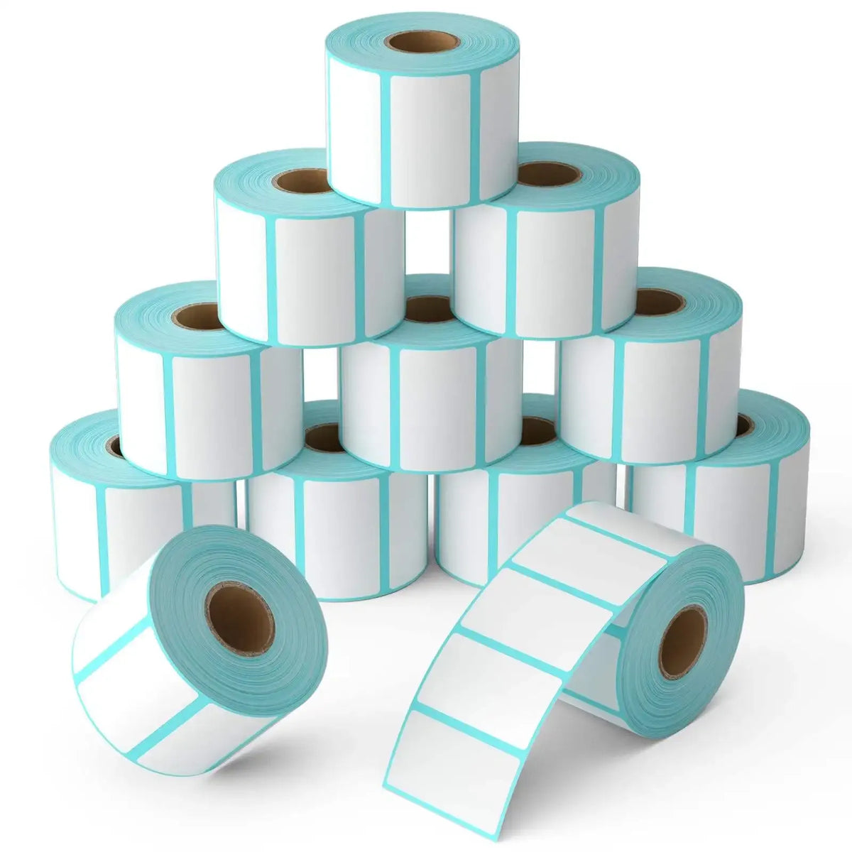 Stacked thermal barcode label rolls with teal backing and white label sheets