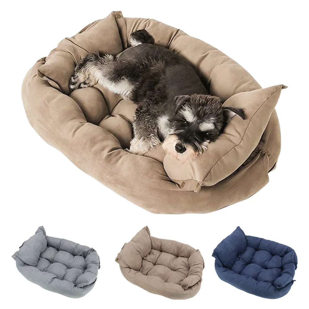 Small dog sleeping in a warm, cozy tan sofa bed. Soft, plush kennel cushion for winter comfort for dogs and cats.