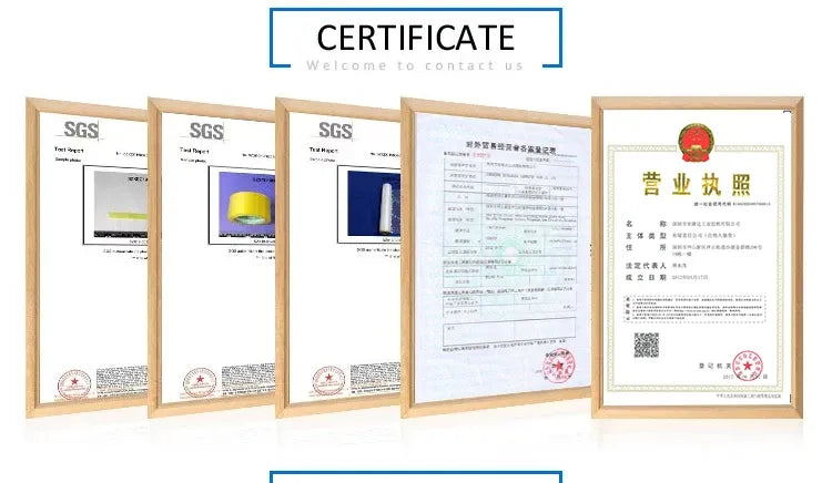 Adhesive tape certificate display banner showing multiple test and business documents