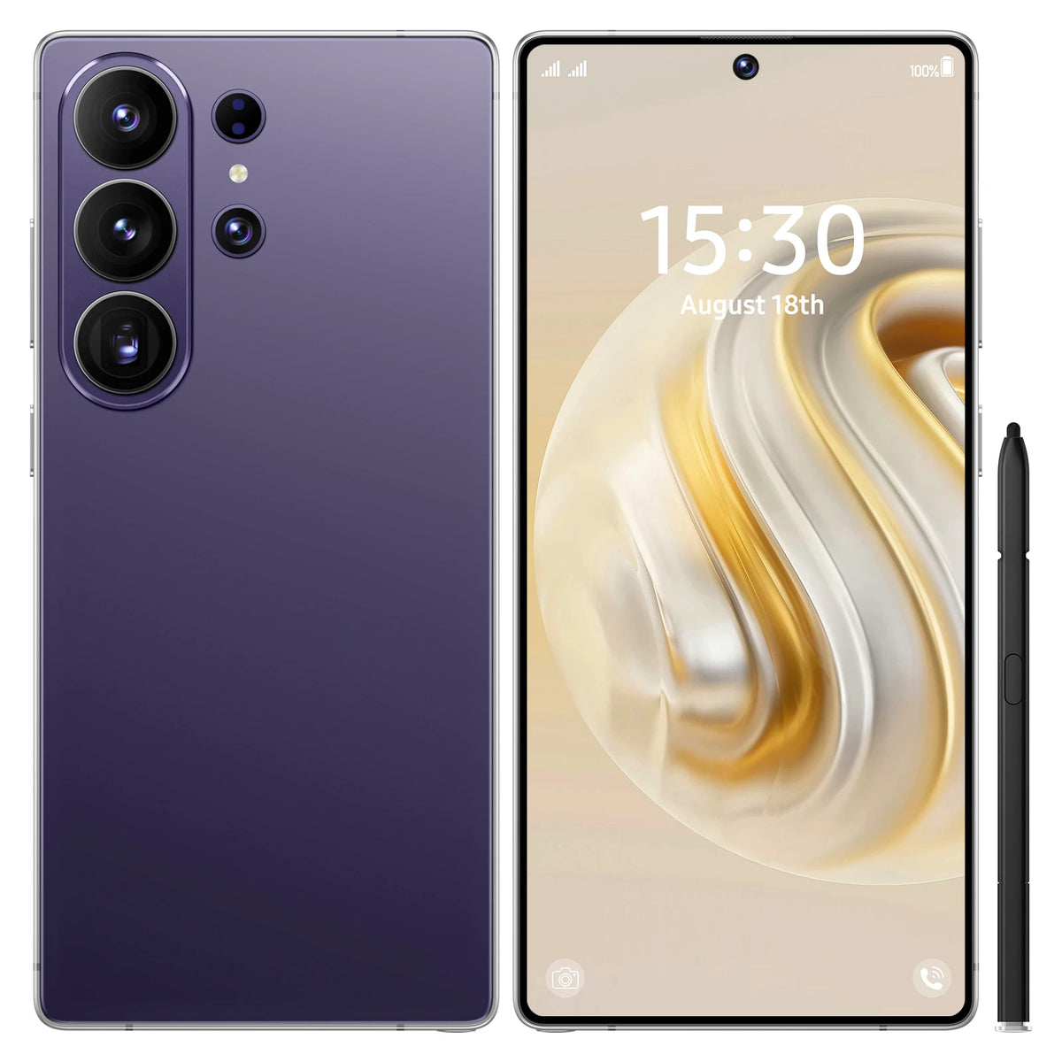 Purple smartphone with triple camera array, front display, and black stylus