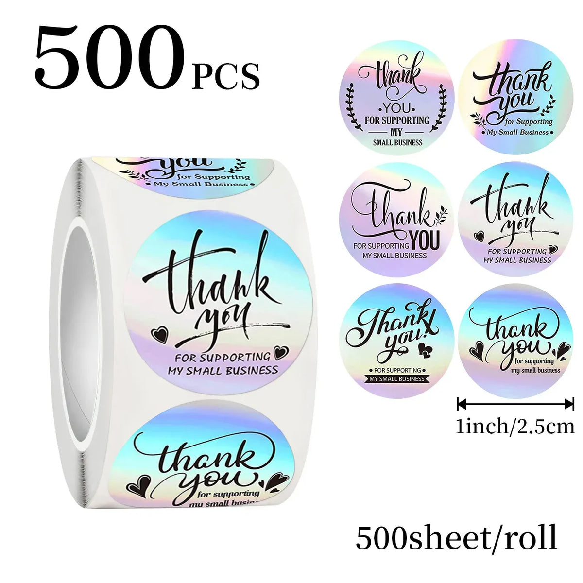 Round holographic thank-you label stickers set, 500 pcs per roll with size marker