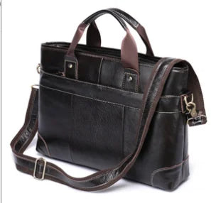 Dark brown genuine leather designer handbag, rectangular tote style with sturdy top handles and adjustable shoulder strap.
