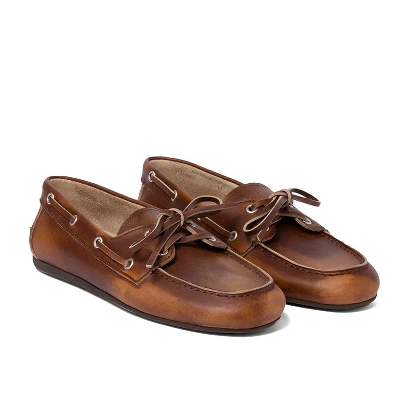 Hot Selling Spring Women's Retro Brown Bow Genuine Leather Driving Shoes Flat Soled Sheepskin Outsole Calf Leather Loafers