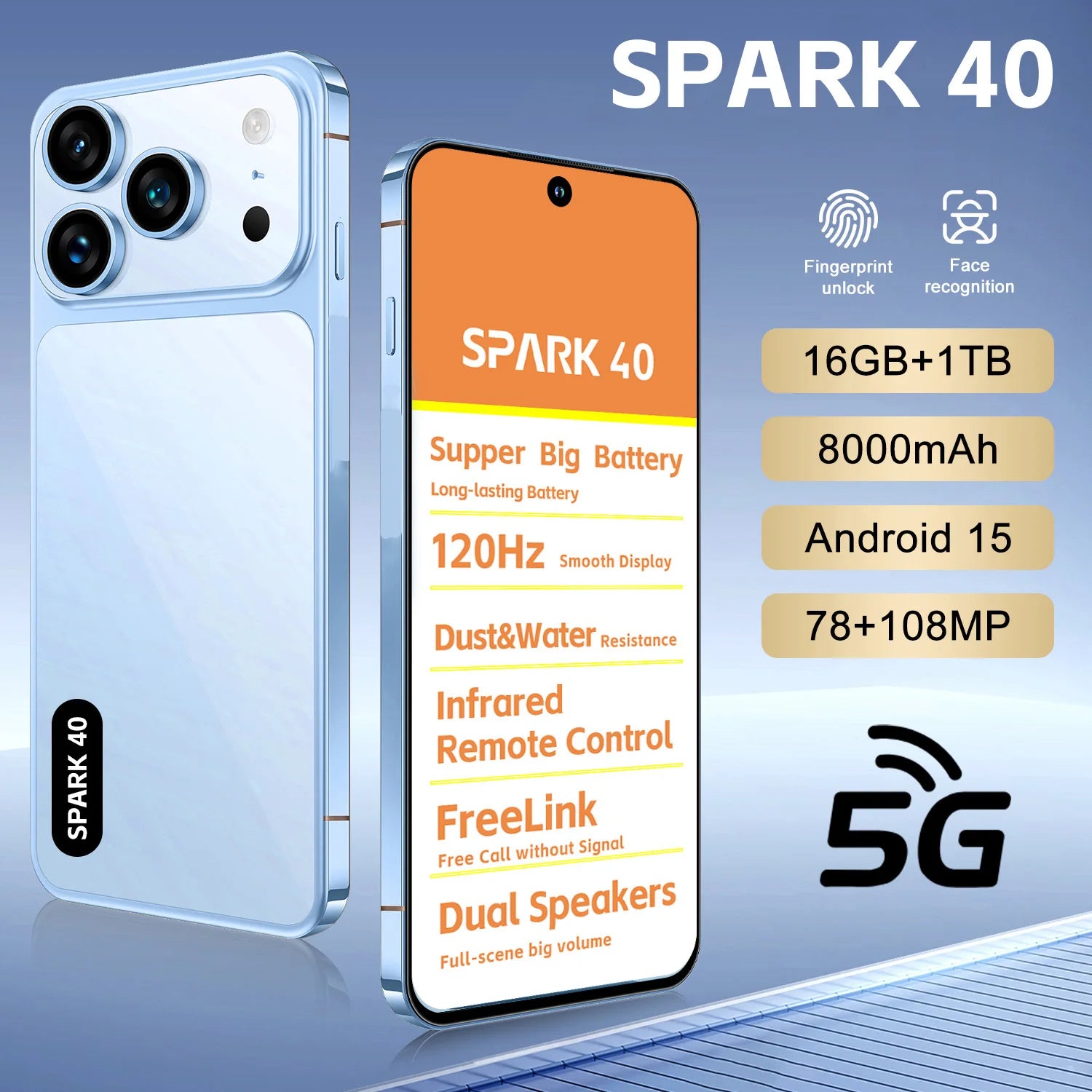 SPARK 40 5G unlocked smartphone with 108MP dual camera and 8000mAh battery in product gallery view