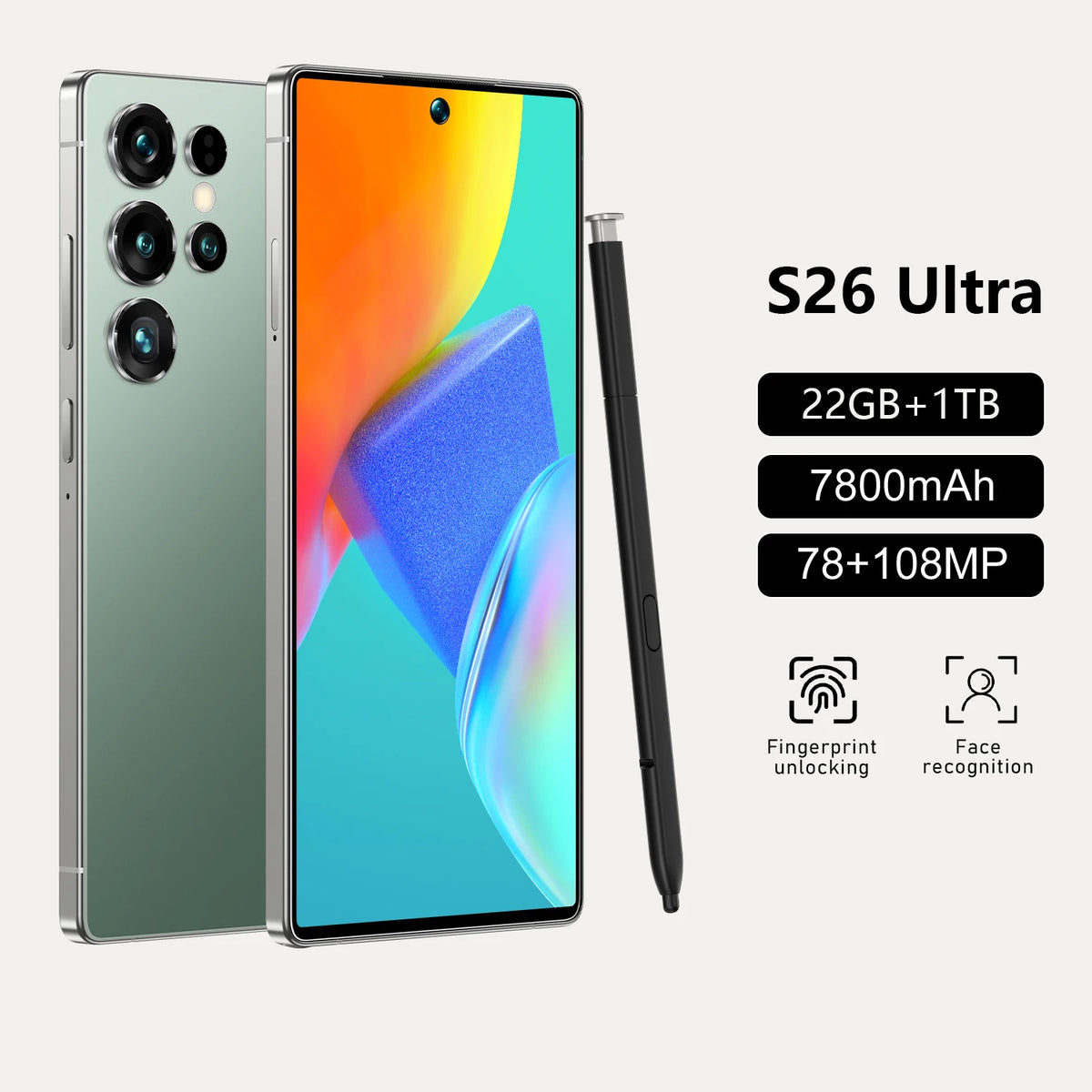 Green smartphone with four rear cameras, front display on, includes slim stylus