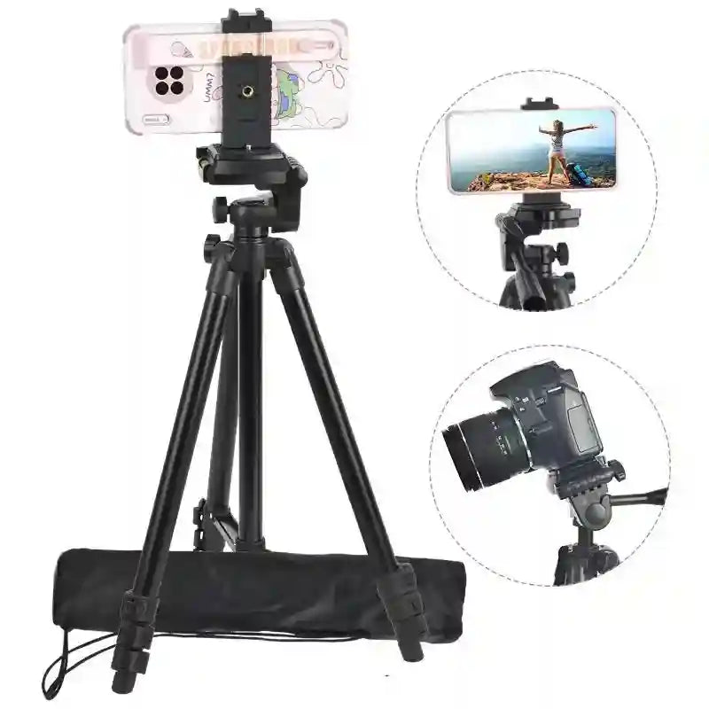 Black aluminum tripod for cameras and smartphones, featuring an adjustable mount and a carrying bag.