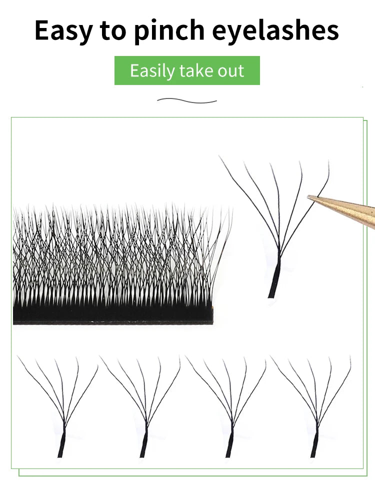 Black 5D W-style volume eyelash extension clusters on a strip, shown being picked up by tweezers.