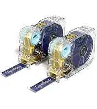 Gold-printed navy satin ribbon tape strip with label printer cartridge