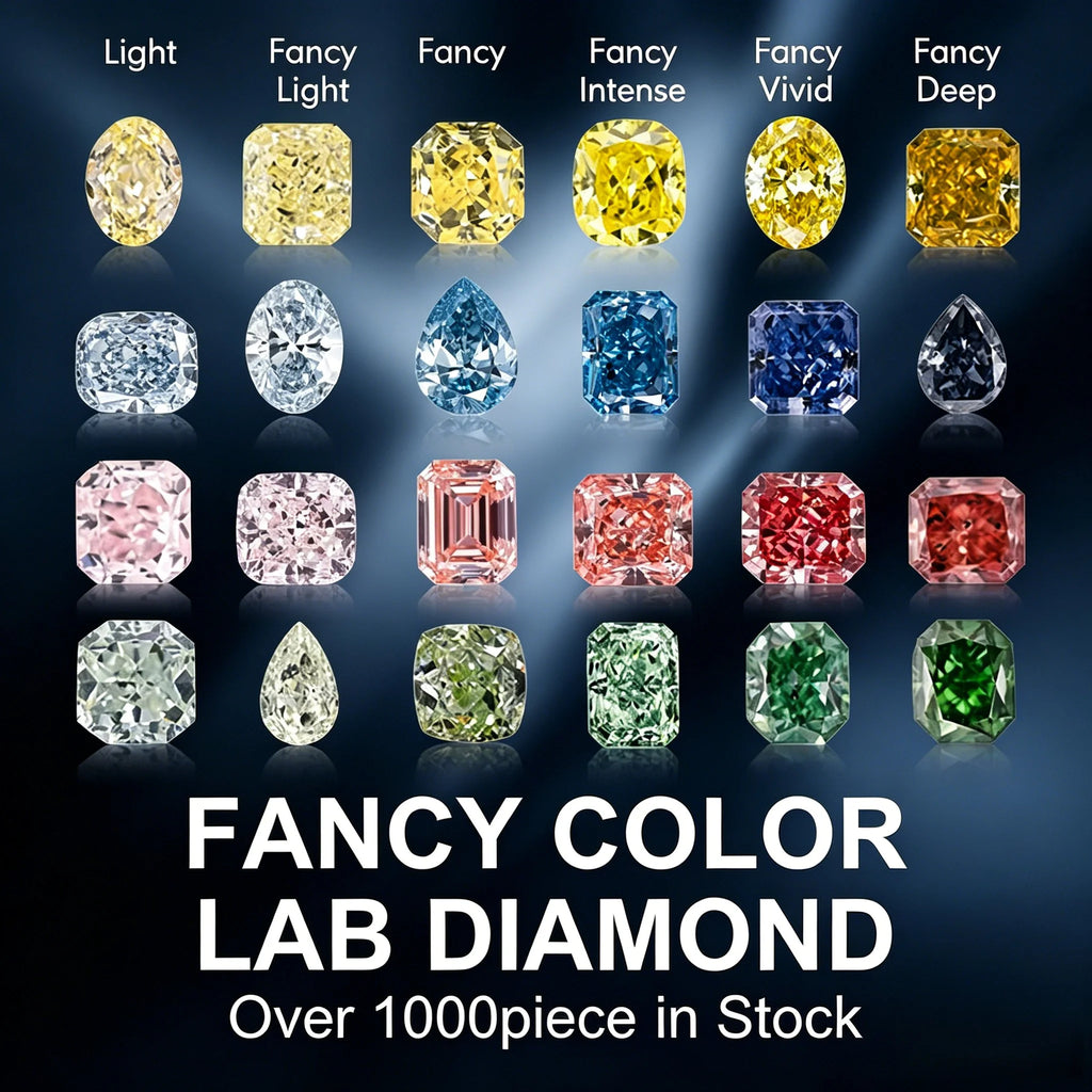 Fancy color lab diamond chart with multiple oval and round gemstones display