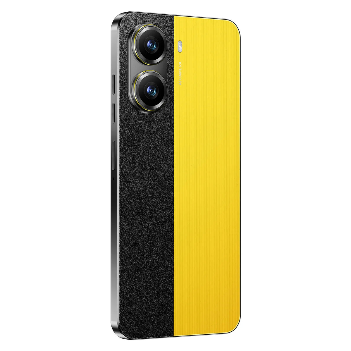 Yellow and black smartphone back, dual rear cameras, textured finish
