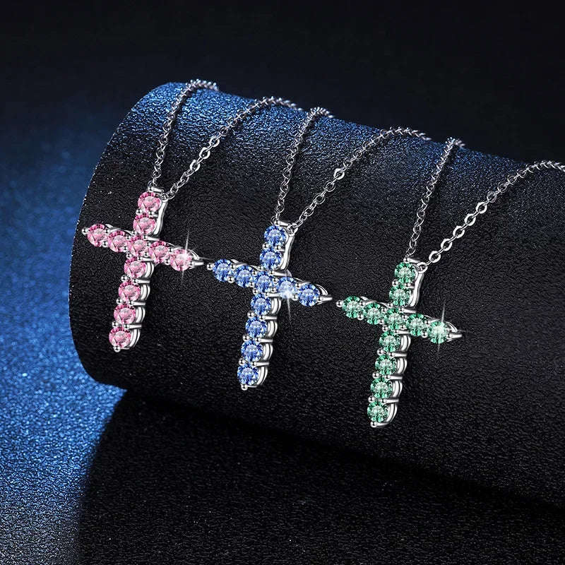 Hip Hop Full Diamond Colored Moissanite Pendant Platinum PT950 18K Gold Necklace Women's Classic Cross GRS Certified Geometric
