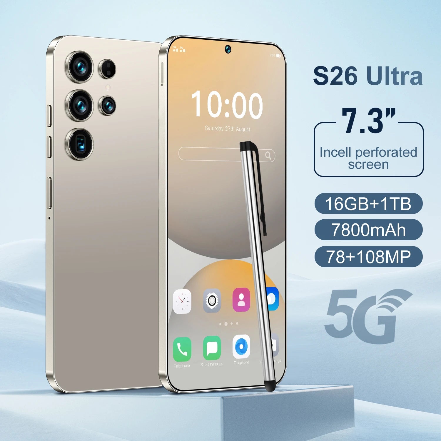 5G Smartphone 16GB RAM 1TB Storage - 7.3-inch HD Display Unlocked Gray 16g 1TB Tidesmit