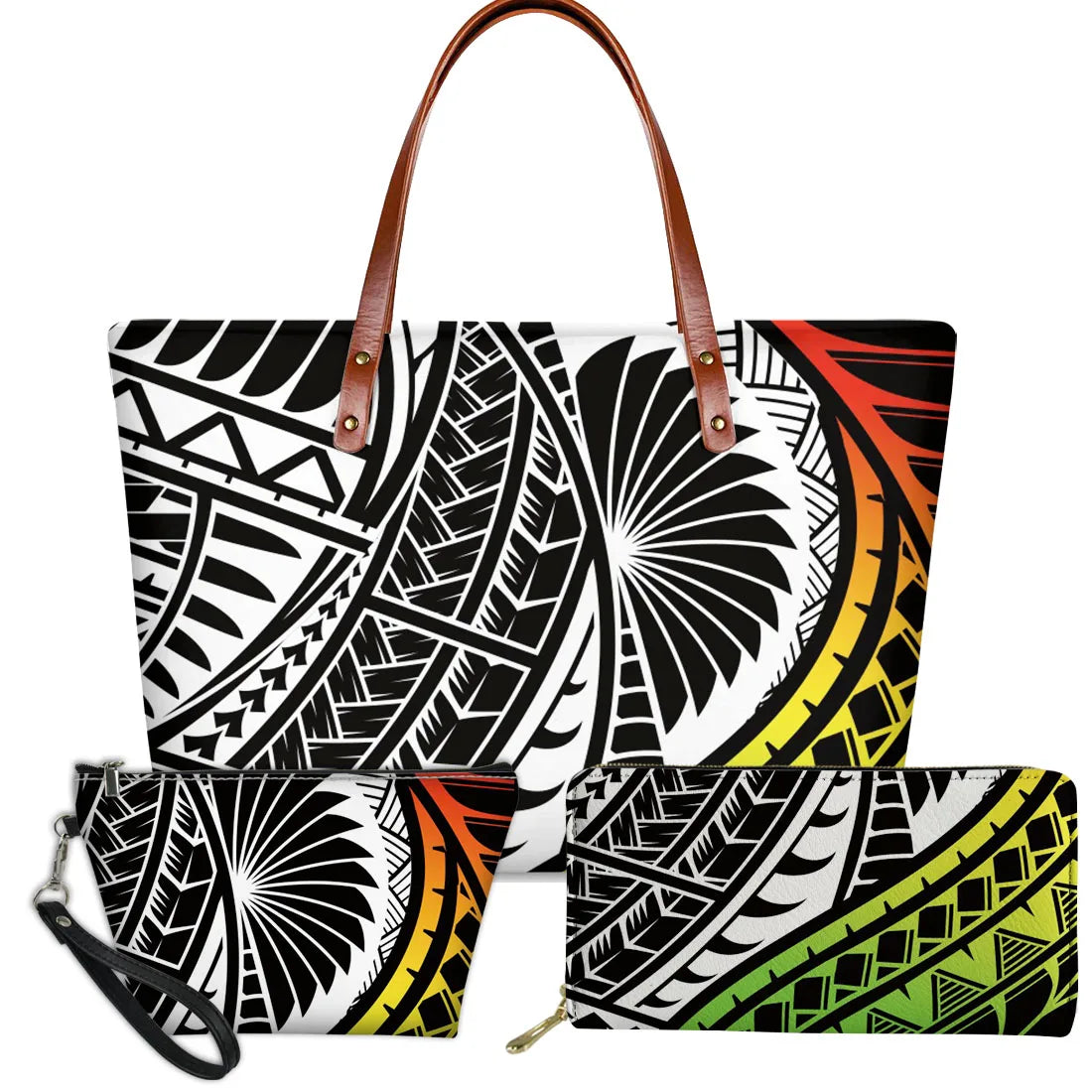 3-piece set of Polynesian tribal print handbags with gradient colors, brown leather straps, and geometric patterns.