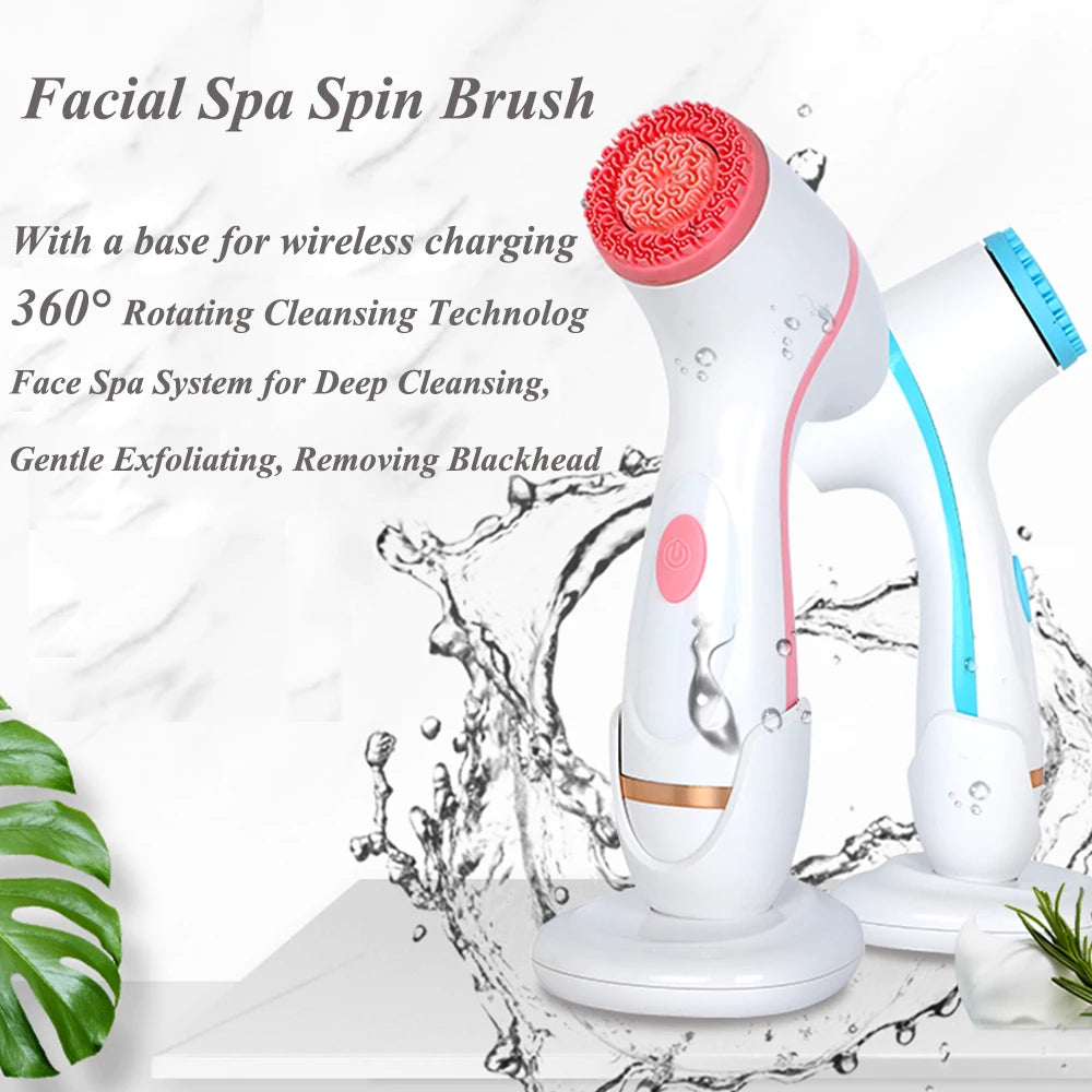 Sonic facial cleansing spin brush set with charging base, 360-degree rotation for deep pore cleaning and exfoliation.