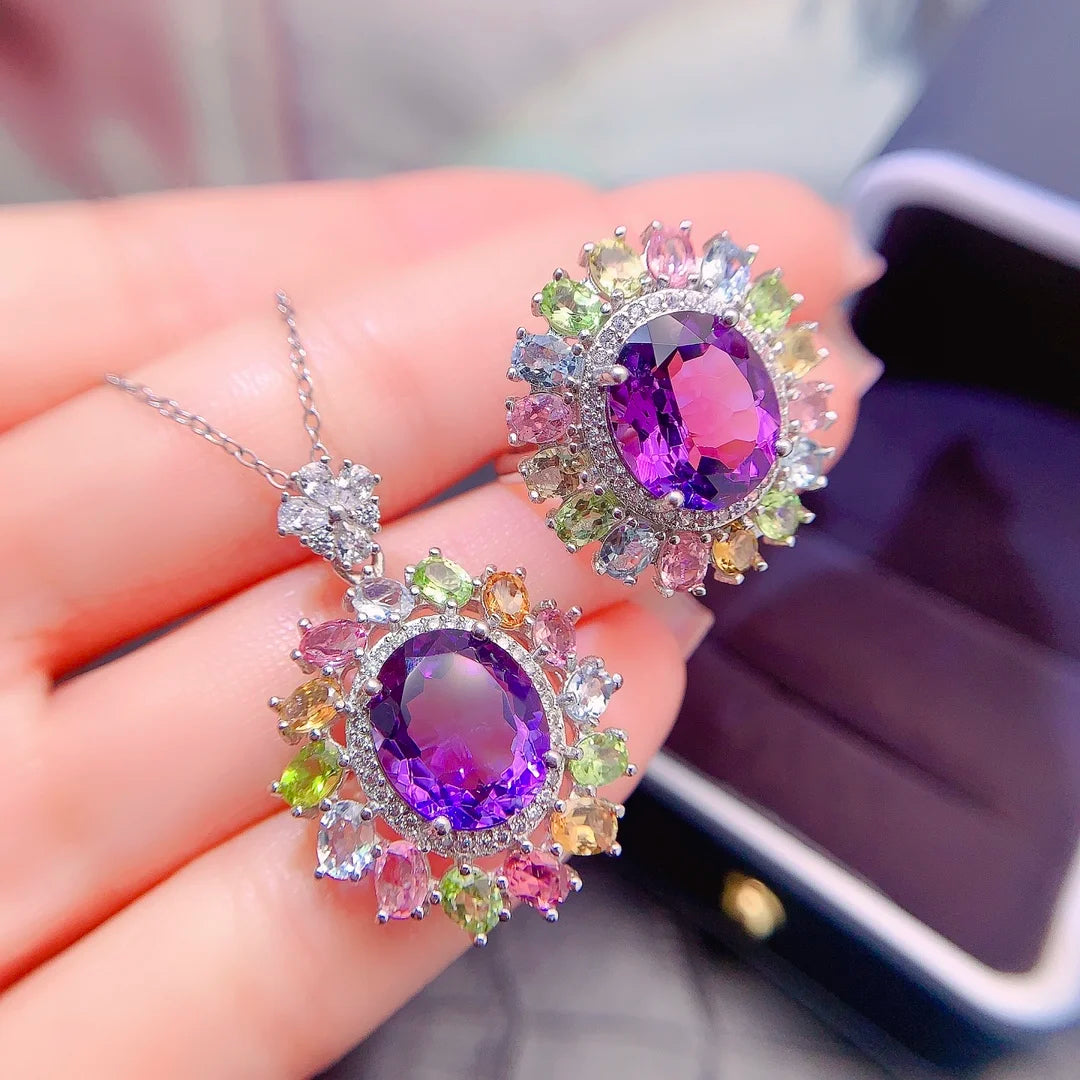 Women's 925 Sterling Silver Fine Jewelry Set Natural Tourmaline Amethyst for Parties Weddings