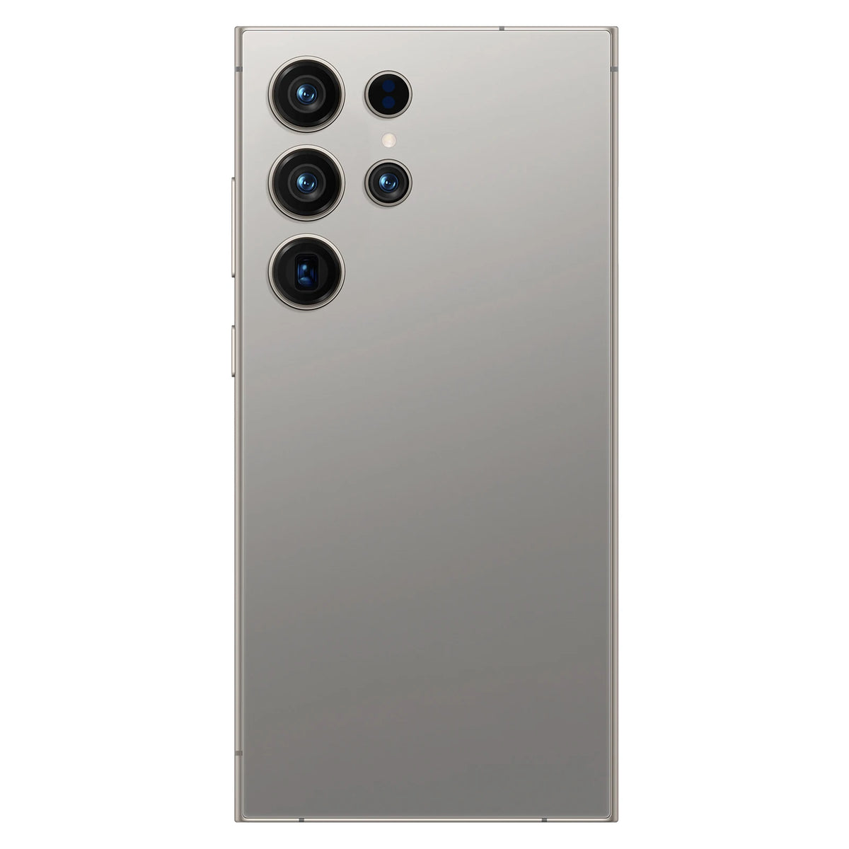 S24 Ultra 5G smartphone in white titanium, back view with quad camera array