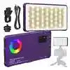 Rectangular LED panel light with RGB color settings, power cable, and camera mount for photography and video lighting.