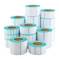 Set of thermal barcode label rolls, white labels with teal border, stacked