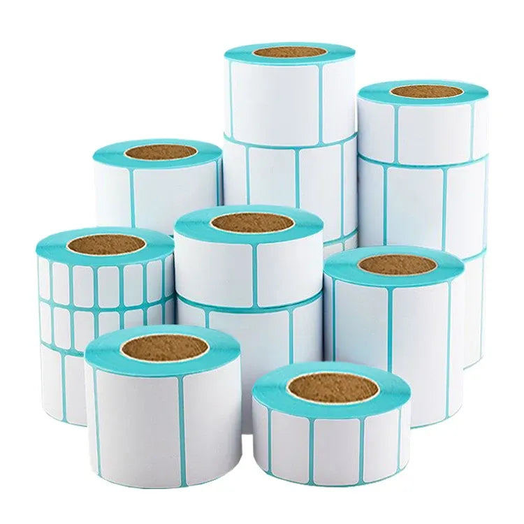 Set of thermal barcode label rolls, white labels with teal border, stacked