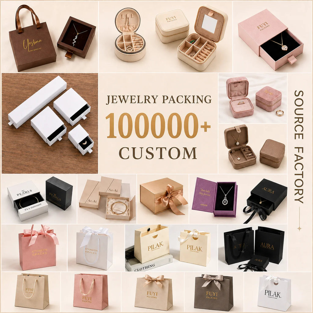 Collage of jewelry packing boxes and gift sets on a custom packaging promo board
