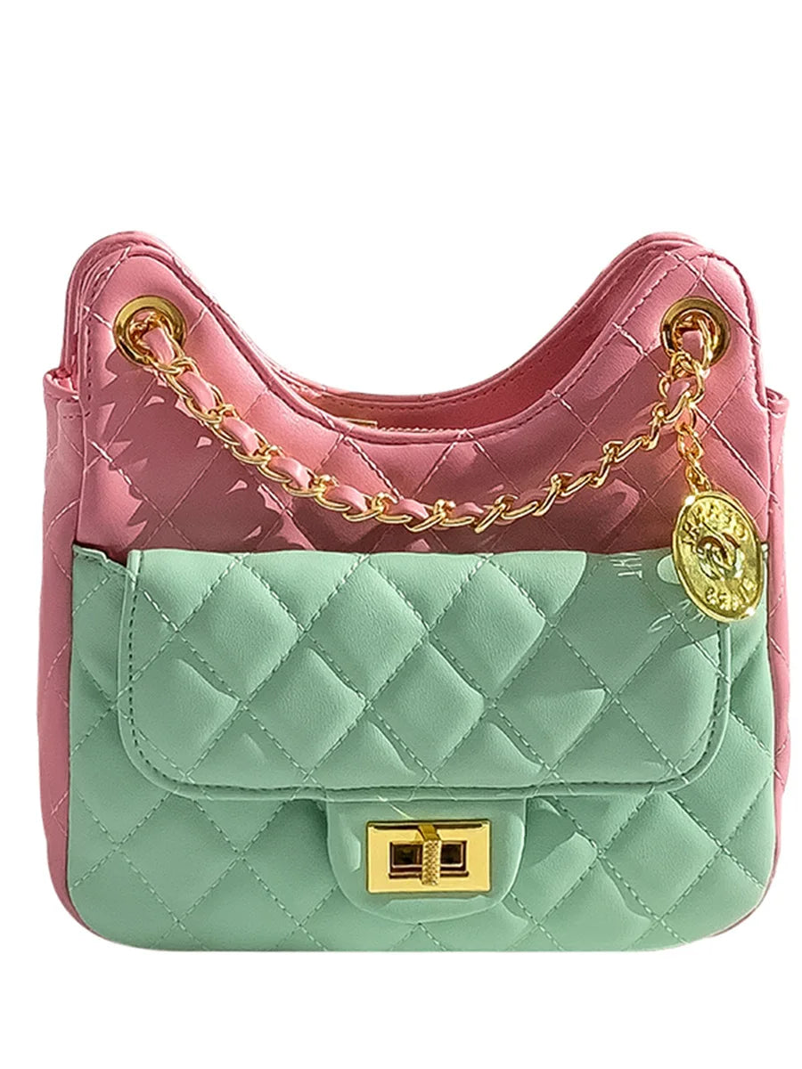 Pink and green quilted designer crossbody handbag with gold chain strap, metal charm, and twist-lock closure.
