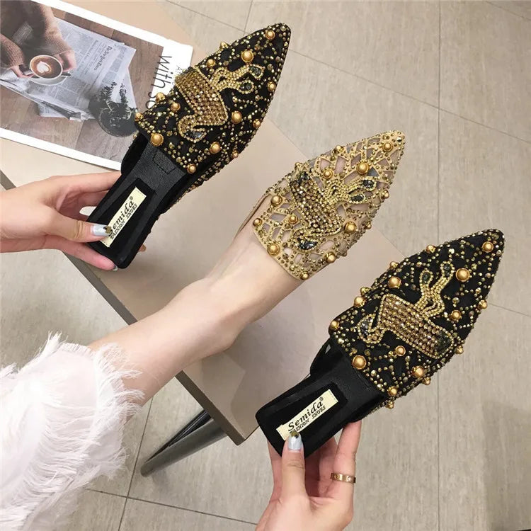 Luxury Rhinestone Outdoor Slippers Closed Toe Female Women Loafer Spring  Flat Shoes with Diamonds