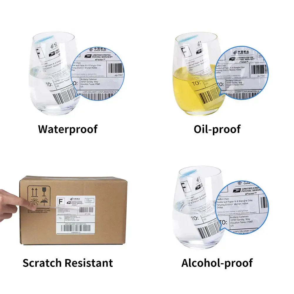 Direct thermal shipping labels on roll with waterproof, oil-proof, scratch- and alcohol-proof