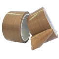 Brown PTFE tape roll with translucent backing edge, wide sealing tape strip