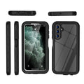 Black waterproof phone case with built-in screen protector and clear back, showing front, back, and side profiles.