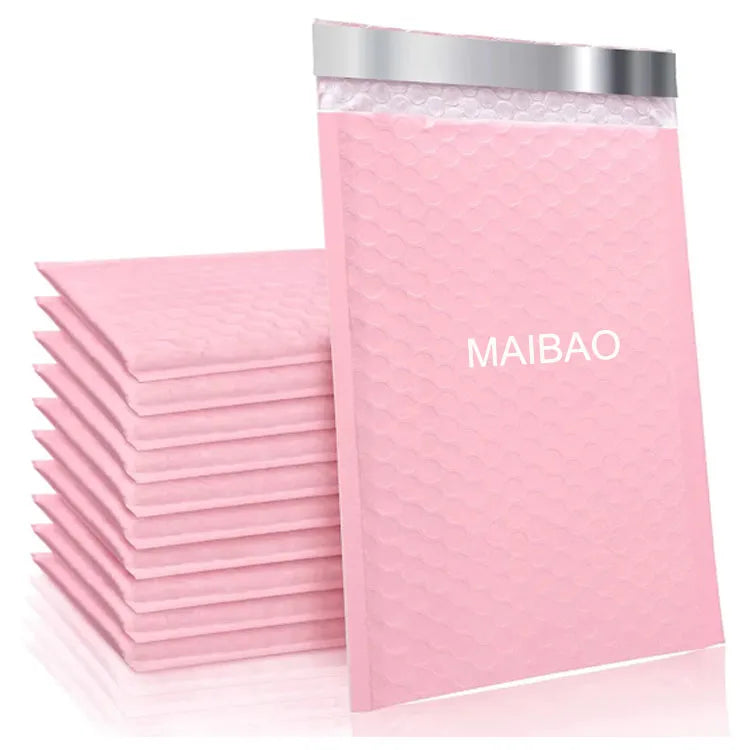 Pink bubble poly mailer envelope with textured surface and silver seal