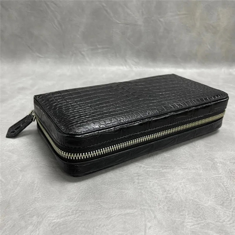 Authentic Crocodile Belly Skin Male Large ZIP Card Purse Genuine Exotic Alligator Leather Businessmen Small Black Clutch Bag