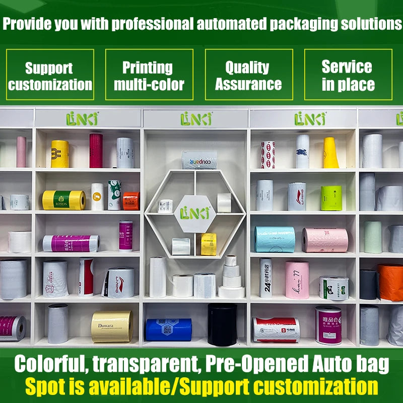 Pre-opened auto bag roll and folded bags, colorful options shown on shelves