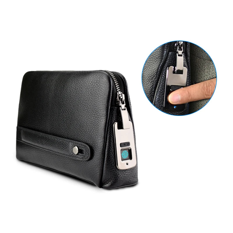 Black genuine leather men’s designer travel pouch featuring a secure biometric fingerprint lock zipper.