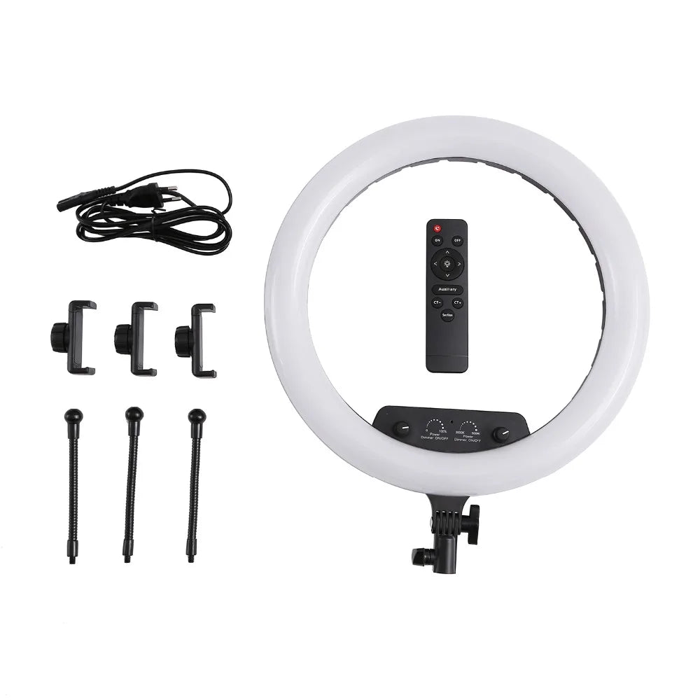 White ring light with remote control, power cable, three phone mounts, and three flexible rods for photography.