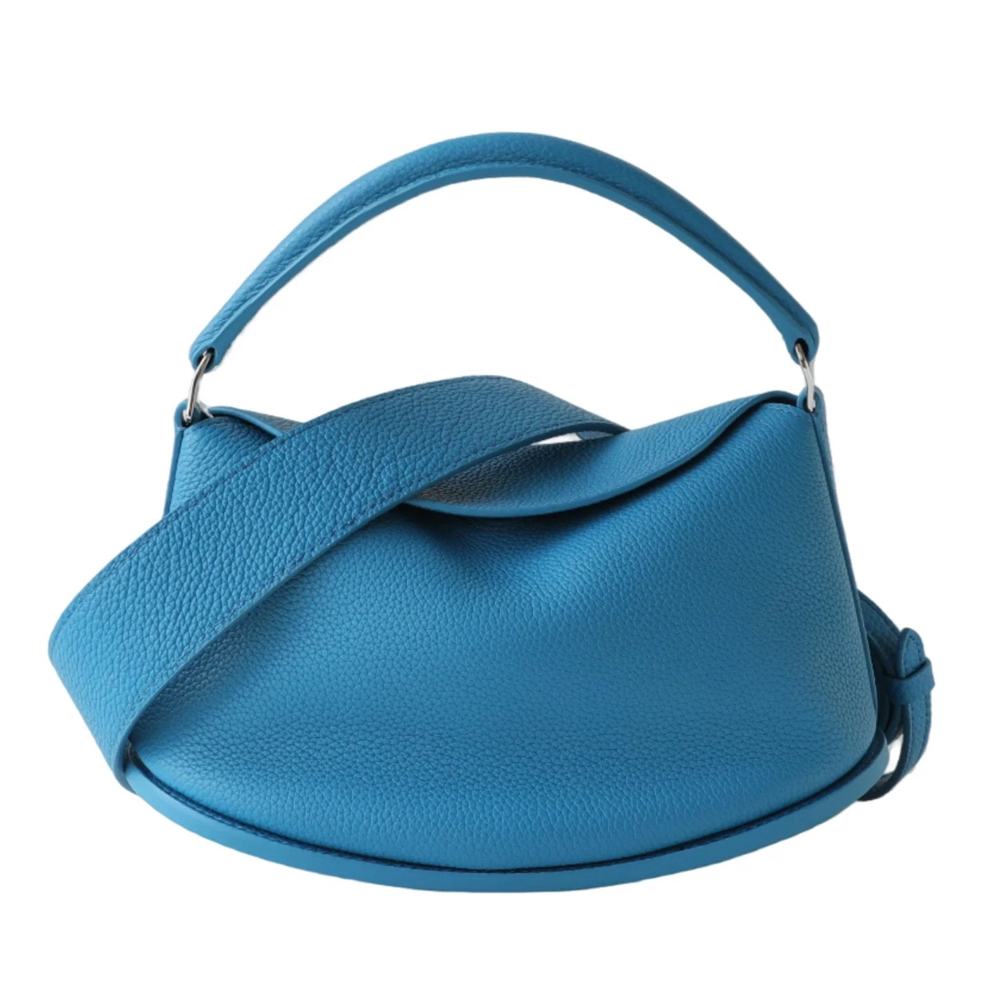 Blue pebbled cowhide leather pillow handbag, luxury designer crossbody purse with dual straps and magnetic closure.