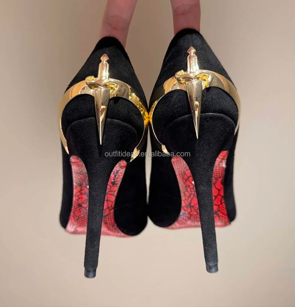 Luxury Leather Heels With Logo Top Quality Design Gold Sharp Dagger Pumps in Black Cesare Paciot High Heels Sharp Dagger Pumps