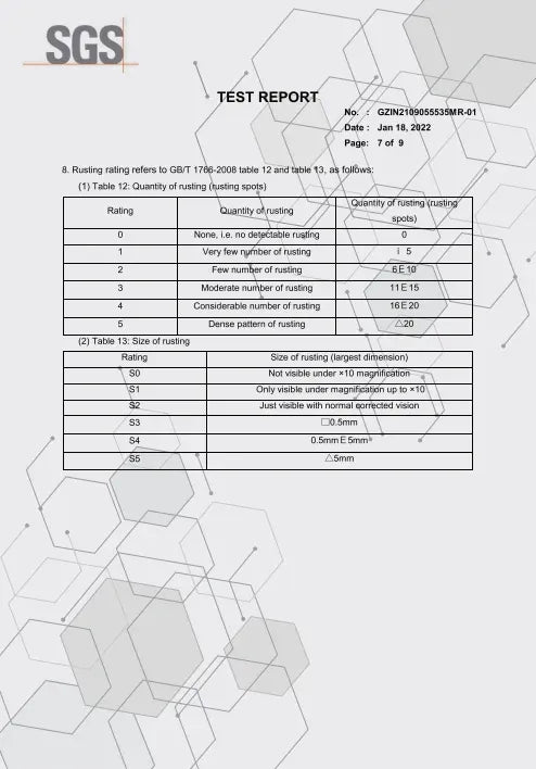 SGS test report page with rating tables for material durability