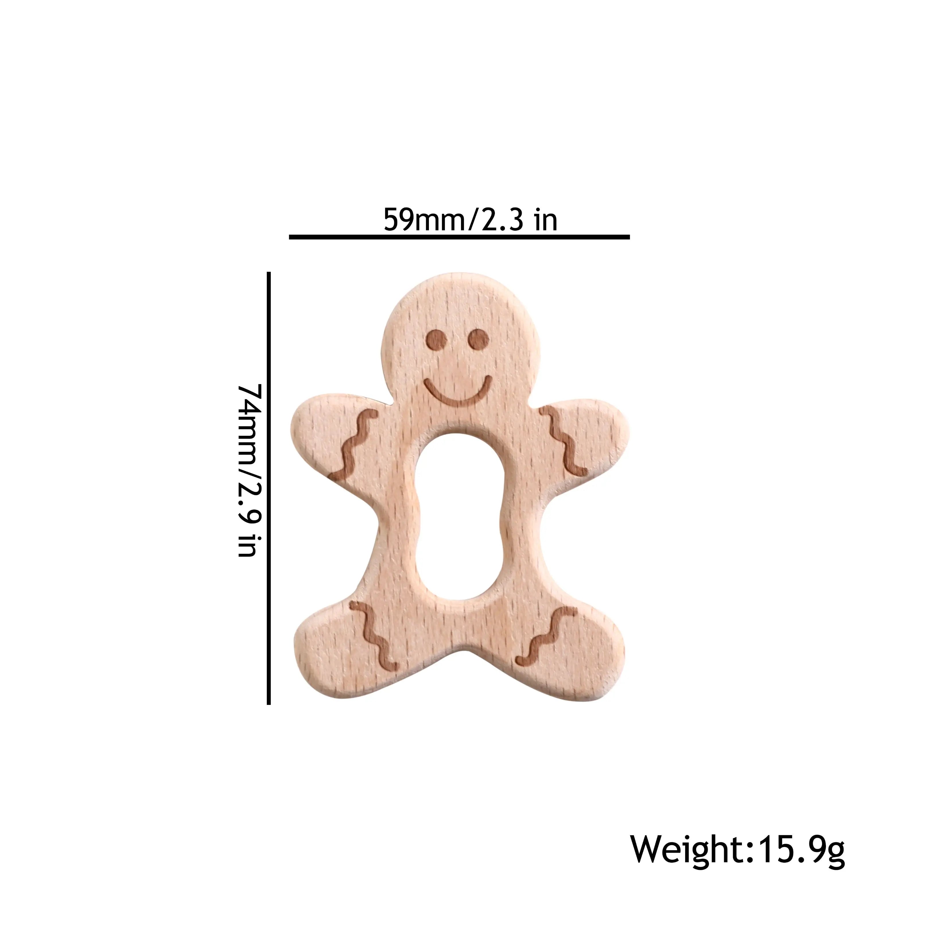 Natural wood gingerbread man baby teething toy for soothing gums.