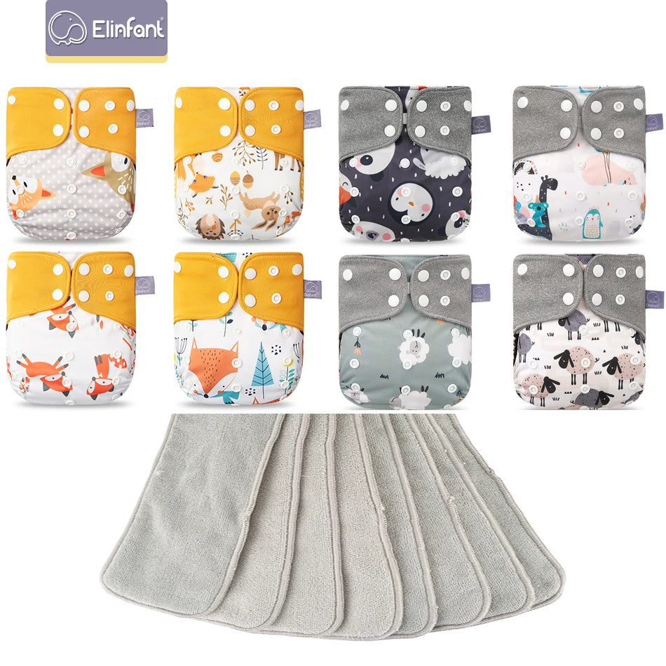 Elinfant reusable cloth baby diapers and microfiber inserts set with assorted cute animal print designs.