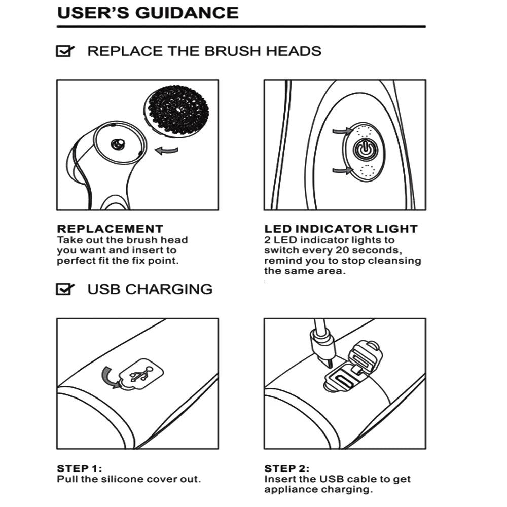 User manual for sonic facial cleansing brush, showing brush head replacement, LED timer lights, and USB charging steps.