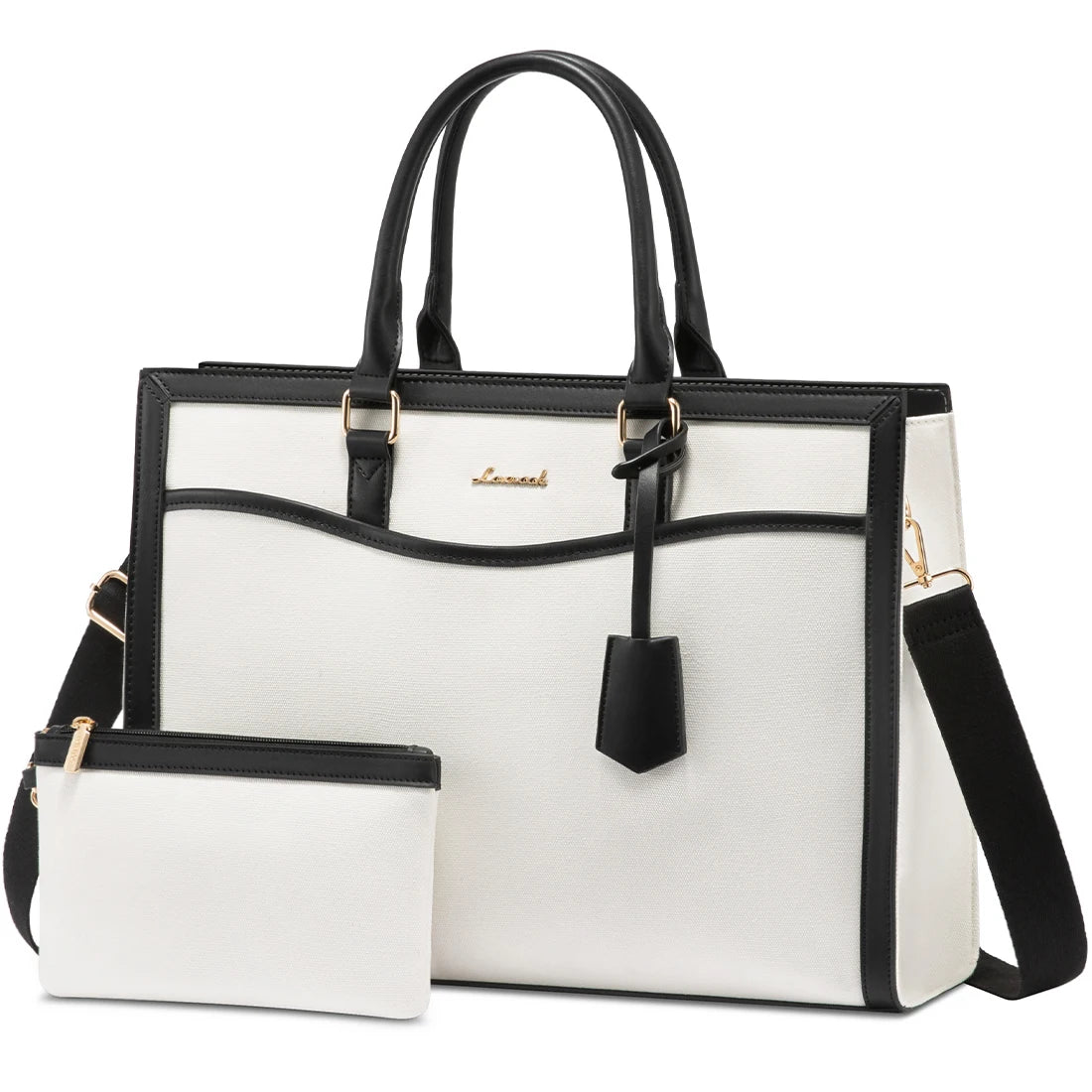 LOVEVOOK white and black leather laptop tote bag with matching pouch, stylish designer business shoulder bag for women.