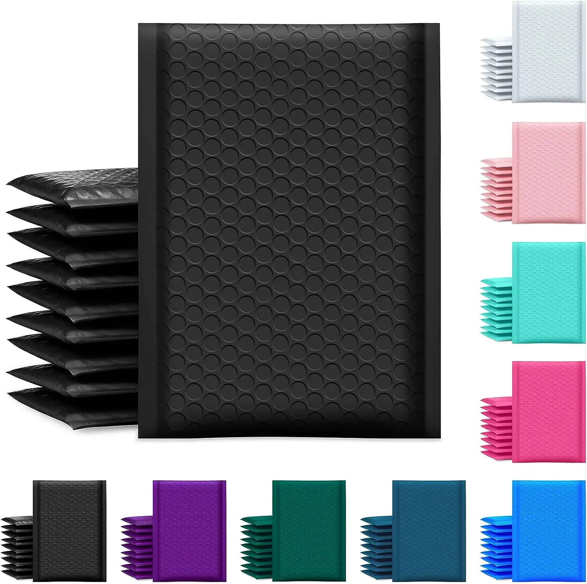 Black bubble poly mailer bag stack with honeycomb texture and color swatches.