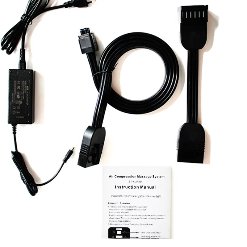 Power adapter and air hoses for sequential compression leg massage recovery boots with instruction manual.