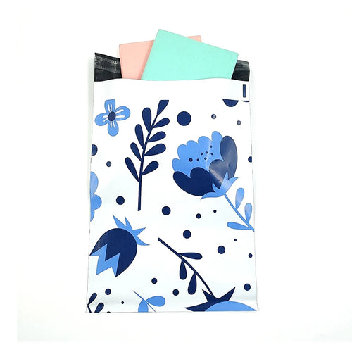 Poly mailer shipping bag set with blue floral leaf pattern and pastel inserts