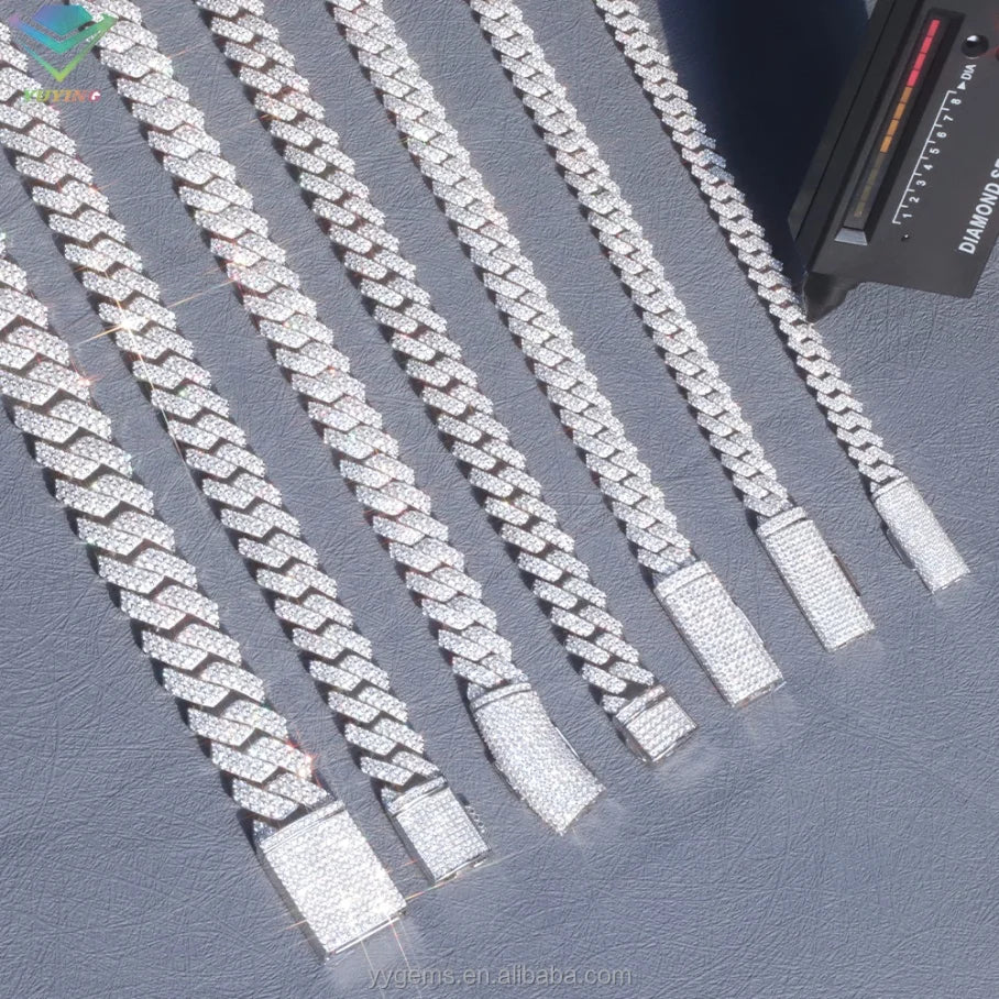 8mm-12mm Width 100% Pass Tester 18k Gold Plated 2rows VVS Moissanite  925 Silver Cuban Link Chain for Hip Hop Rapper Jewelry