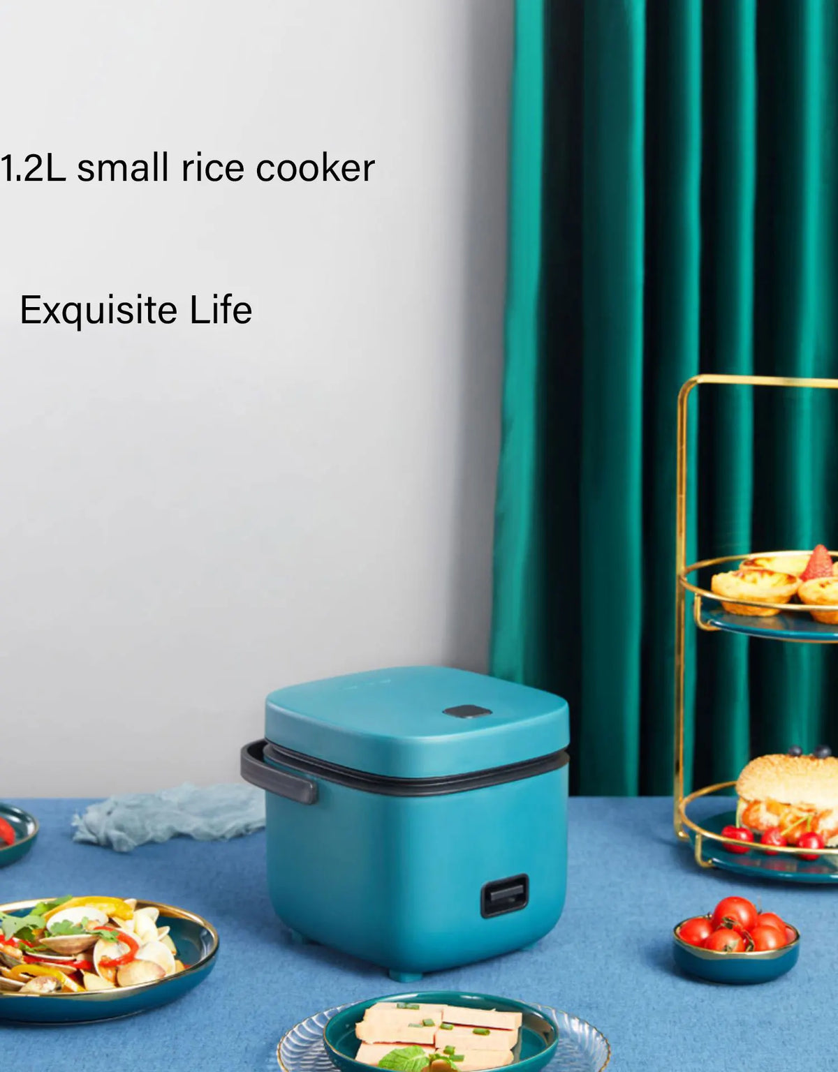 Blue mini electric rice cooker on table with 1.2L small rice cooker text nearby