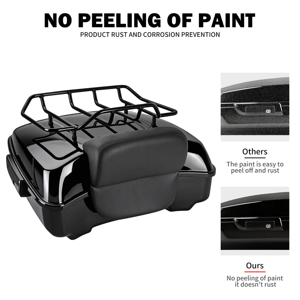 Black Harley touring trunk with passenger backrest and luggage rack, rust-resistant finish for 2014-2025 models.