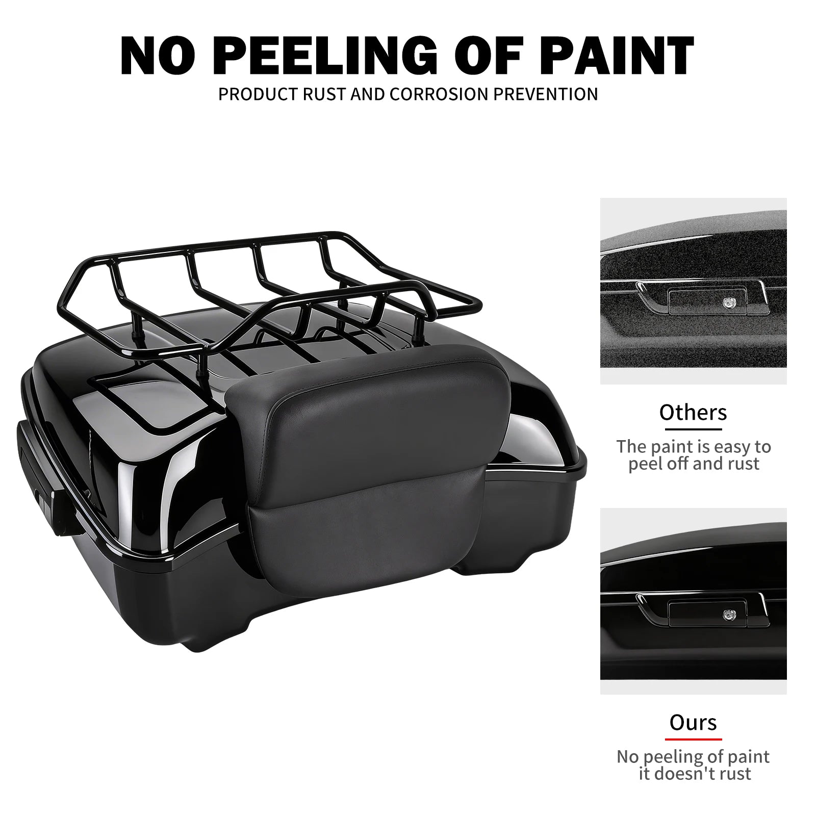 Black Harley touring trunk with passenger backrest and luggage rack, rust-resistant finish for 2014-2025 models.
